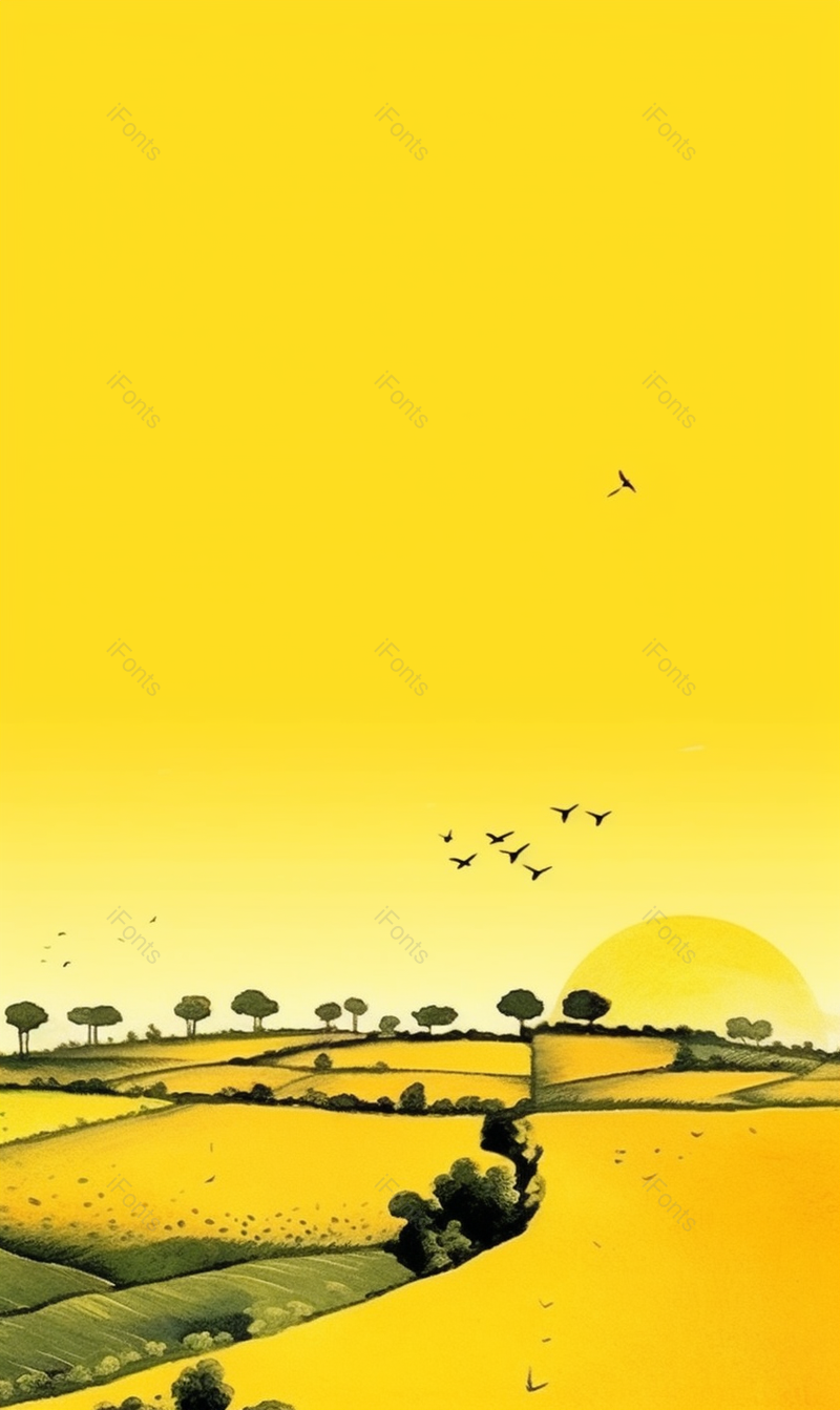 鸟群乡间麦田稻田树丛夕阳晚霞朝霞金色丰收秋收竖版风景插画,插画/手绘图,插画/手绘图库,插画/手绘图下载,插画/手绘